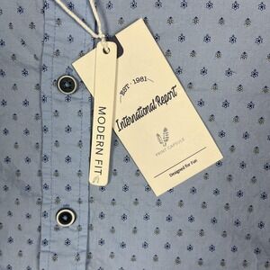 International Report Shirt Mens Medium Blue Modern Fit Print Capsule Long Sleeve